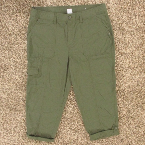 Chico's Pants Women's 2 Green Cargo Straight Leg Crop Stretch Utility‎ Roll Up - Picture 1 of 6